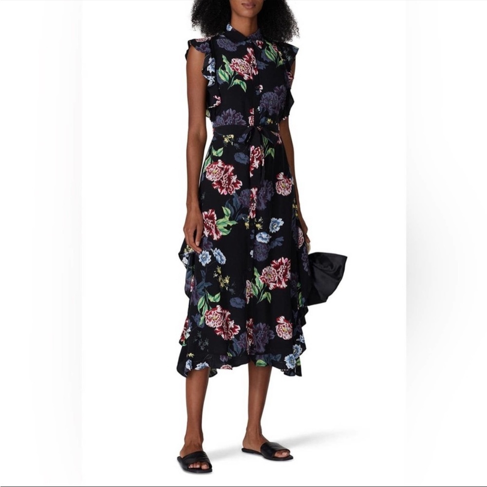 Marissa Webb Black Floral Button Front Ruffle Belted Midi Dress SZ 0 EUC